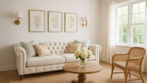Light-filled romantic cottage living room with a soft tufted sofa, floral cushions, neutral tones, woven chair, botanical wall art, and warm natural light.