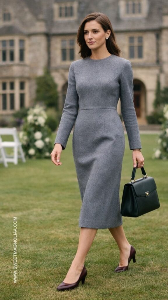 Slate grey long-sleeve midi wedding guest dress styled with structured black handbag and burgundy heels at manor estate wedding.