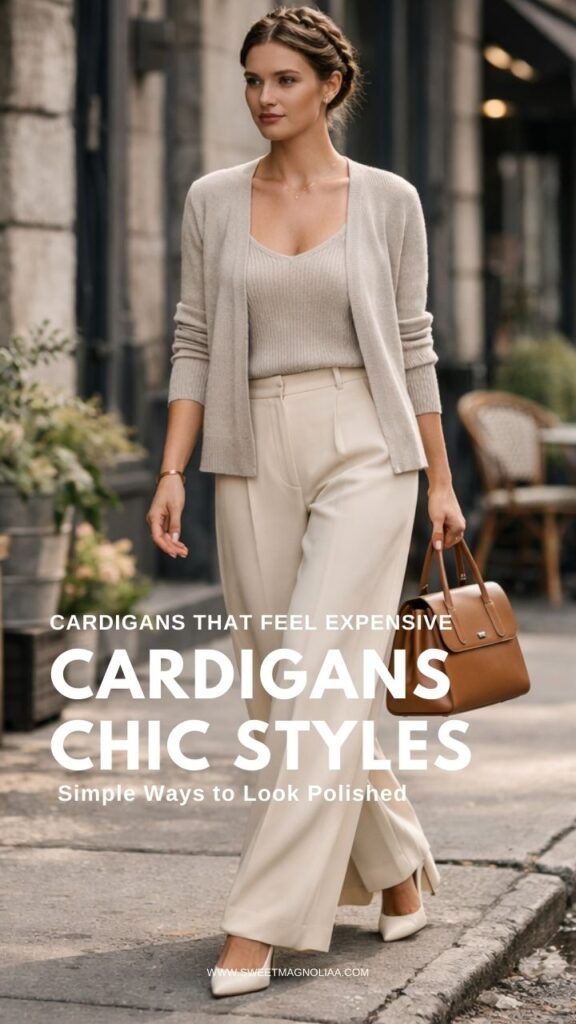 Chic neutral cardigan layered over ribbed knit top with tailored beige trousers and brown leather handbag, styled for polished everyday outfits on city street.