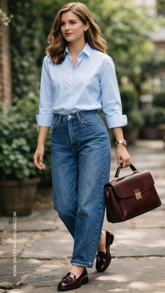 Woman wearing mid-wash baggy jeans, pale blue Oxford shirt, burgundy loafers, and structured leather bag walking along garden path.