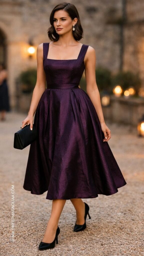 Deep plum structured midi wedding guest dress with square neckline and full skirt styled with black heels and clutch at formal evening wedding.