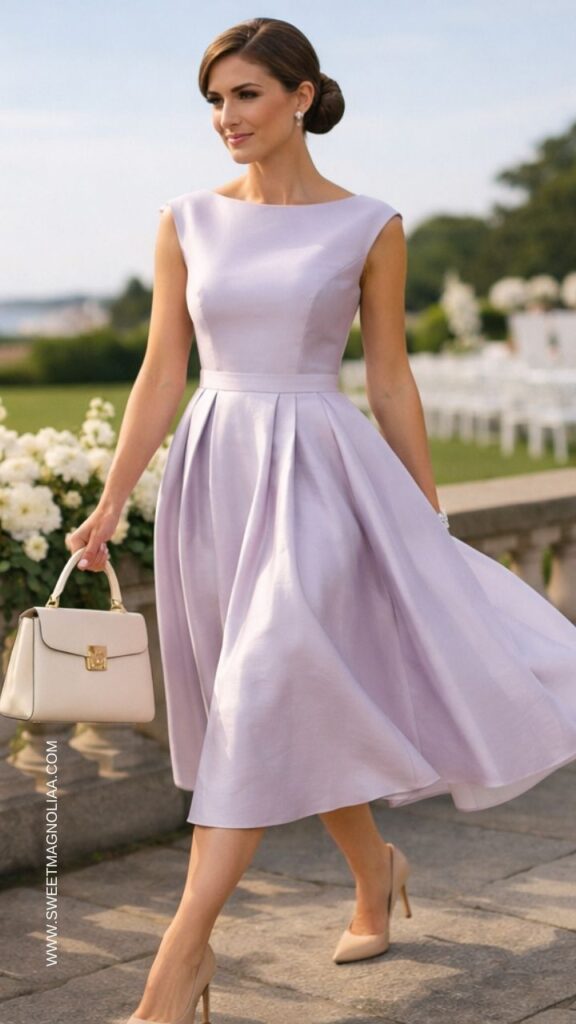 Lavender midi wedding guest dress with fitted bodice and pleated skirt styled with ivory handbag and nude heels at garden estate venue.