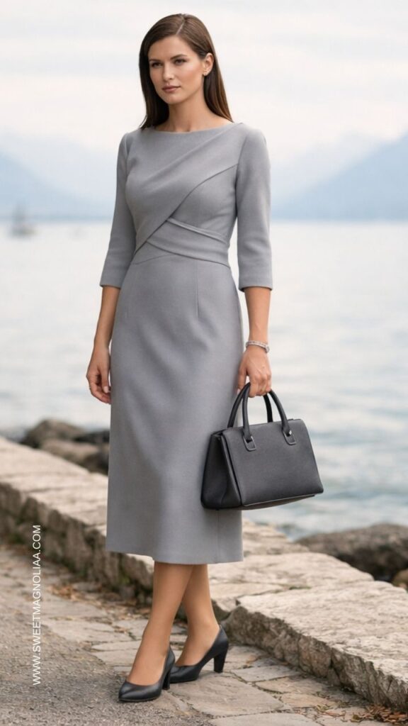 Dove grey midi wedding guest dress with 3/4 sleeves and tailored waist styled with structured black handbag and classic pumps by the seaside.