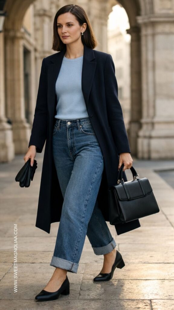 Woman wearing mid-wash baggy jeans, fitted blue knit, navy overcoat, and structured black handbag walking through European colonnade.