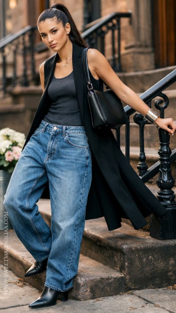Woman in charcoal tank, long black sleeveless coat, baggy jeans, and pointed boots posing on brownstone steps.