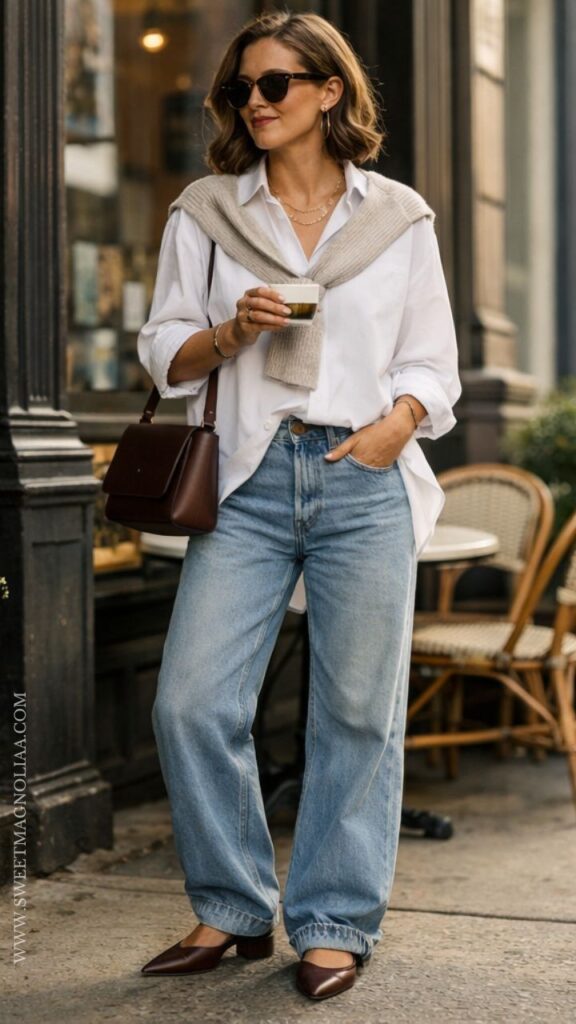 Woman in white button-down, light-wash baggy jeans, pointed flats, and brown handbag holding coffee outside café.