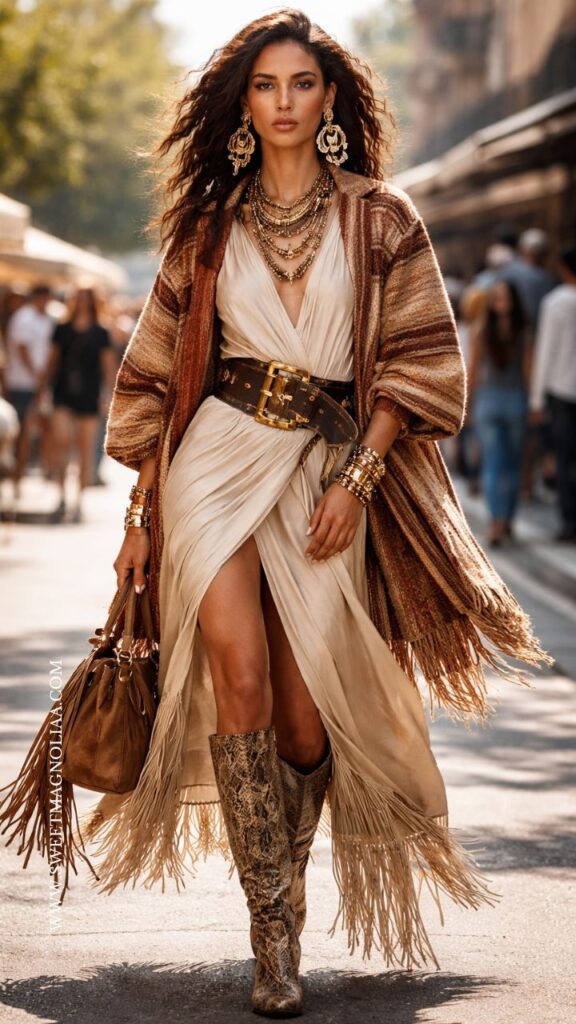 Bohemian-inspired woman in draped beige dress with fringe, layered gold jewelry, wide belt, and tall boots walking confidently on a sunlit city street.