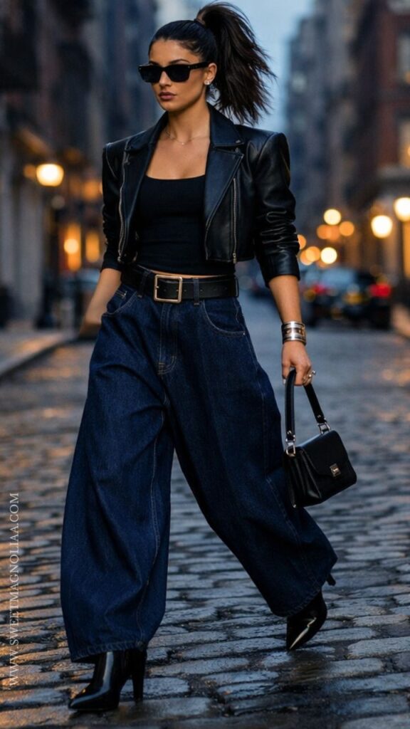 Woman in black leather jacket, dark baggy jeans, pointed boots, and sunglasses walking on cobblestone city street at night