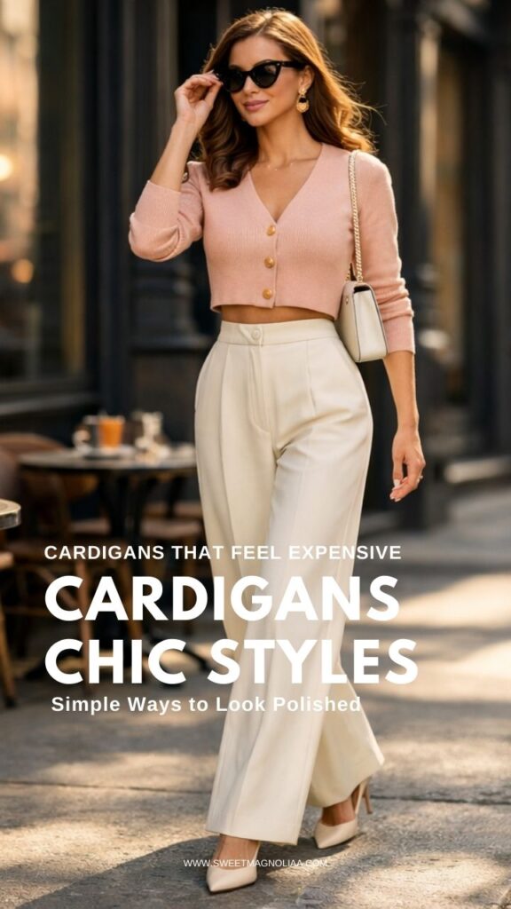 Blush cropped cardigan with gold buttons styled with high-waisted cream trousers, nude heels, and structured handbag for a polished chic outfit on city street.