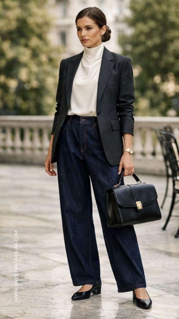Woman wearing dark indigo baggy jeans, ivory high-neck blouse, charcoal blazer, and structured black handbag standing on terrace.