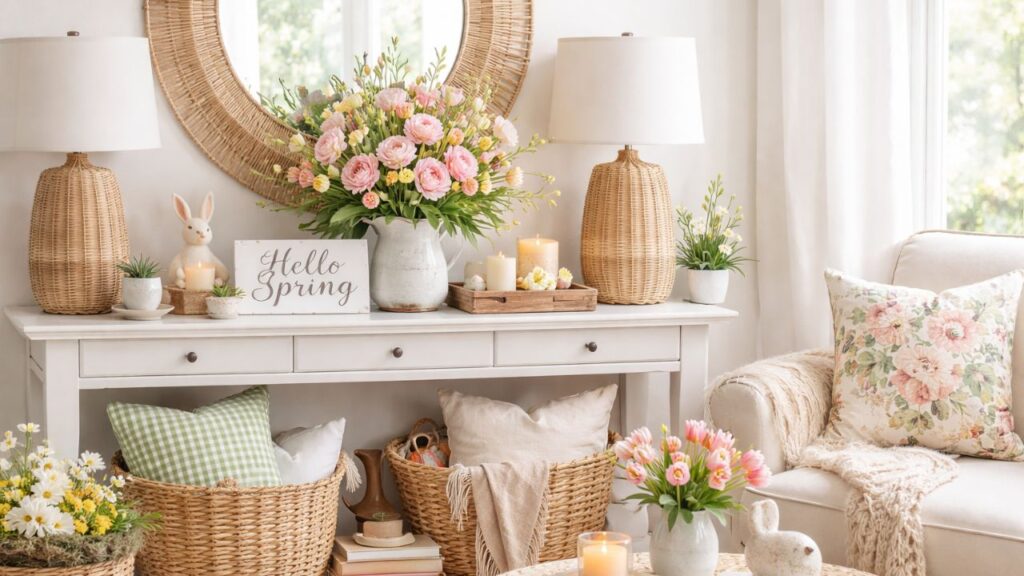 Spring decor console table styled with pink flowers, woven baskets, bunny accents, candles, and Hello Spring sign in a soft cottagecore living room.