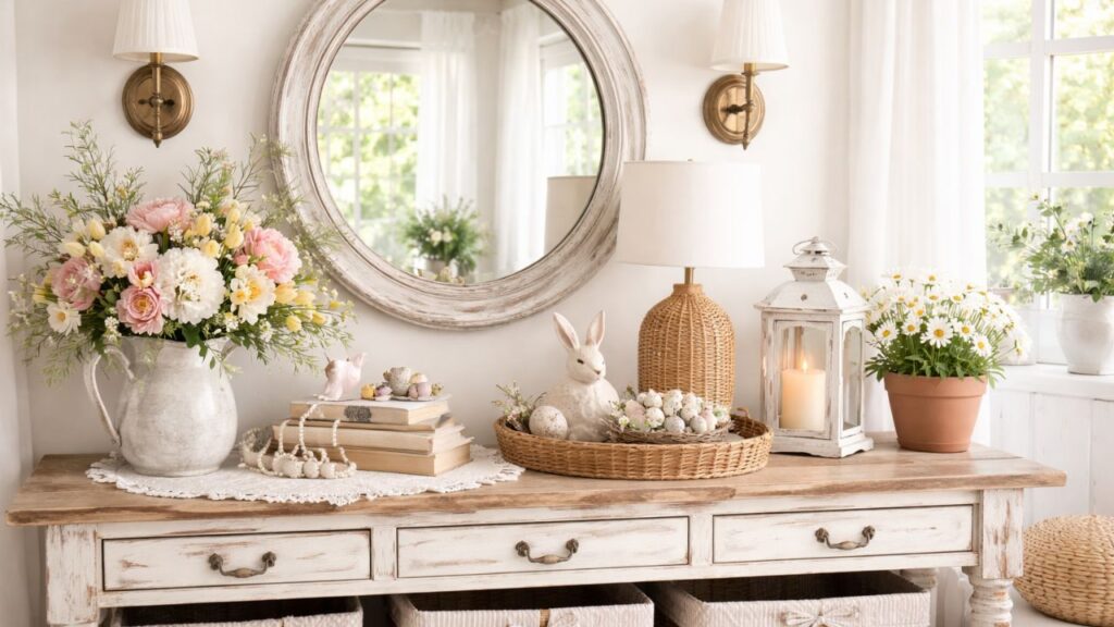 Spring decor in bright living room featuring fresh flowers, pastel accents, woven textures, and light neutral styling to instantly brighten your space.