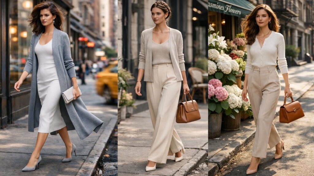 Elegant spring outfit collage featuring three women in neutral cardigans styled with tailored trousers and heels on city streets, polished and refined look.