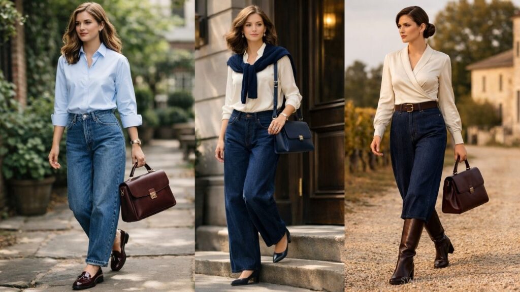 Three old money baggy jeans outfits styled with tailored blazers, Oxford shirts, leather loafers, and structured handbags in classic European settings.
