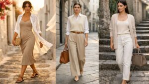 Spring outfit layering ideas featuring neutral midi dress with white shirt, tailored trousers with sweater vest, and white jeans styled with beige cardigan for everyday wear.