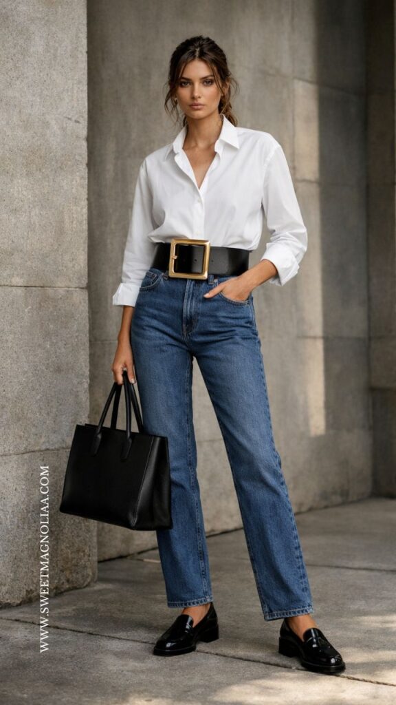 Woman wearing straight-leg jeans with crisp white button-down shirt, wide black statement belt, black loafers, and structured tote in a city setting.
