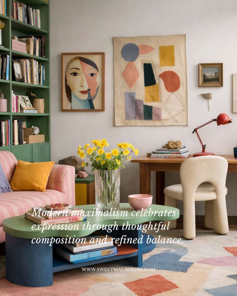 A modern maximalist living room featuring a green built-in bookcase, a pink striped sofa, sculptural coffee tables, contemporary artwork, and a workspace with a curved chair, arranged in a light-filled, thoughtfully composed interior.