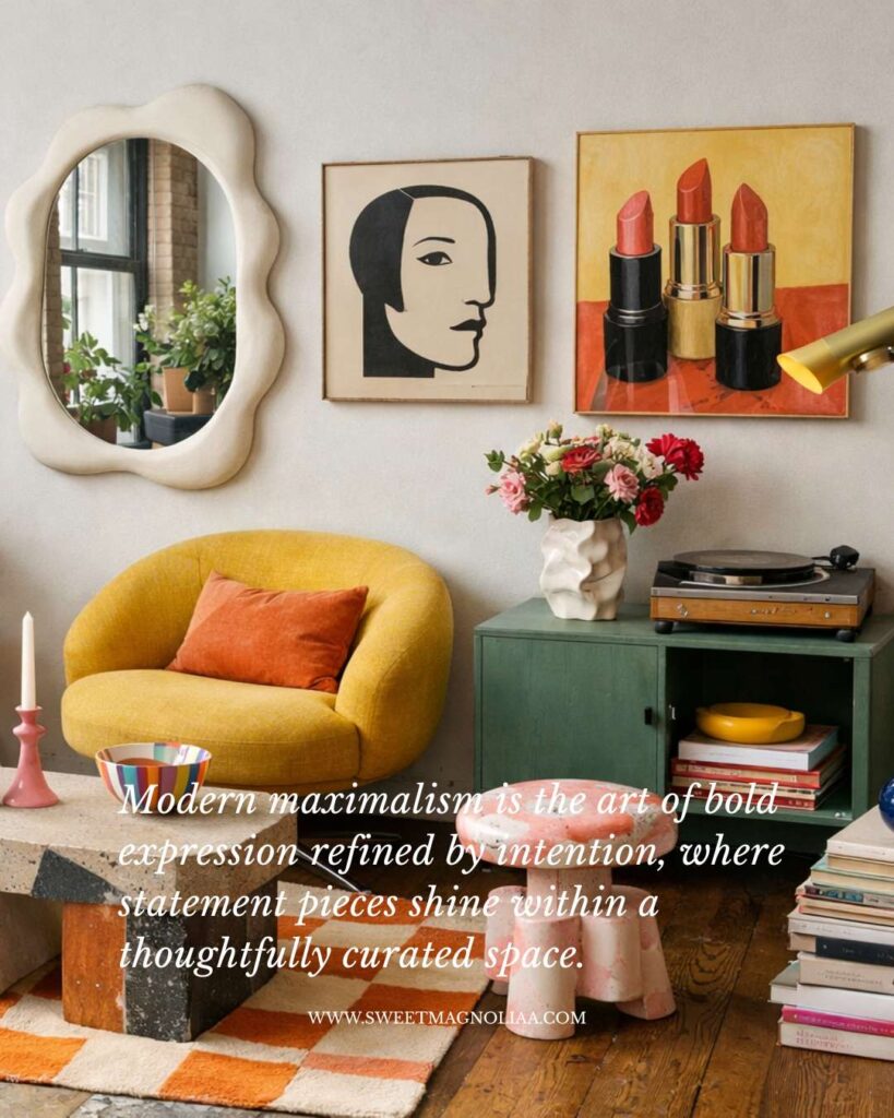 A modern maximalist living space featuring sculptural seating, a curved yellow lounge chair, layered contemporary artwork, a green side cabinet, and curated accessories set against light neutral walls with natural daylight.