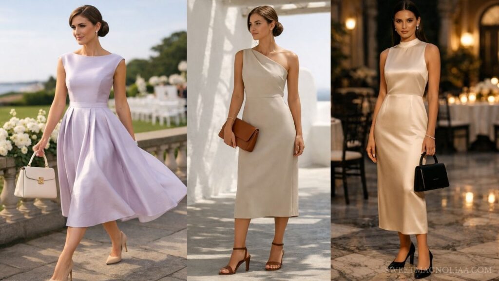 Three elegant old money wedding guest dresses in lavender, beige, and champagne satin styled with structured handbags for formal wedding receptions.