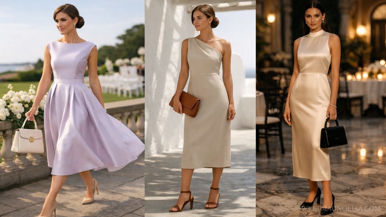 Three elegant old money wedding guest dresses in lavender, beige, and champagne satin styled with structured handbags for formal wedding receptions.