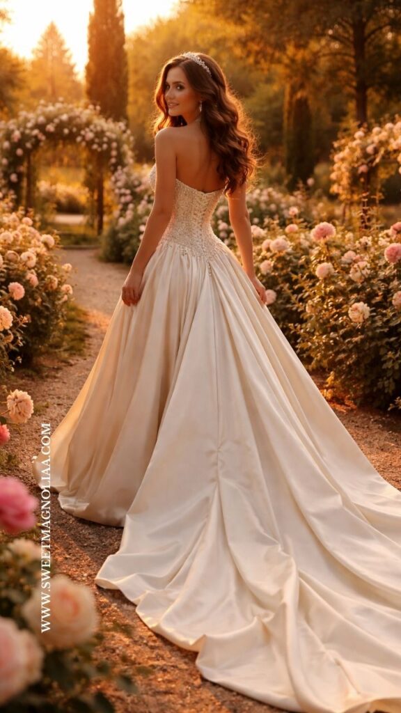 Bride wearing a romantic basque waist wedding dress with lace corset bodice and flowing satin ball gown skirt walking through a flower garden at sunset.
