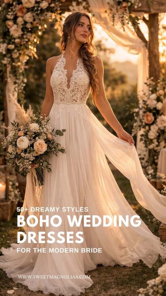 Bride wearing a halter lace boho wedding dress with a flowing chiffon skirt holding a bouquet under a romantic floral wedding arch at sunset.