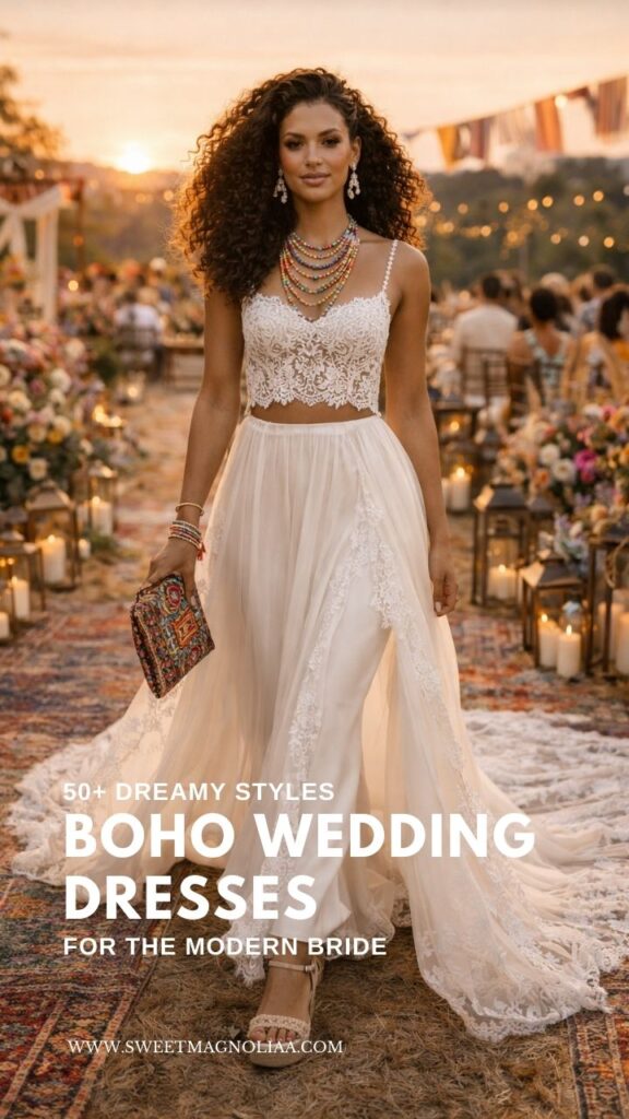 Bride wearing a boho two-piece lace wedding dress with crop top and flowing skirt walking down a lantern-lit outdoor wedding aisle at sunset.