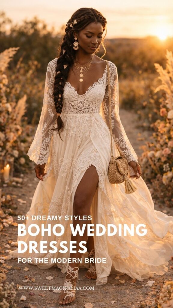 Bride wearing a boho lace wedding dress with sheer sleeves and high slit walking barefoot along a flower-lined aisle at sunset with a woven bag.