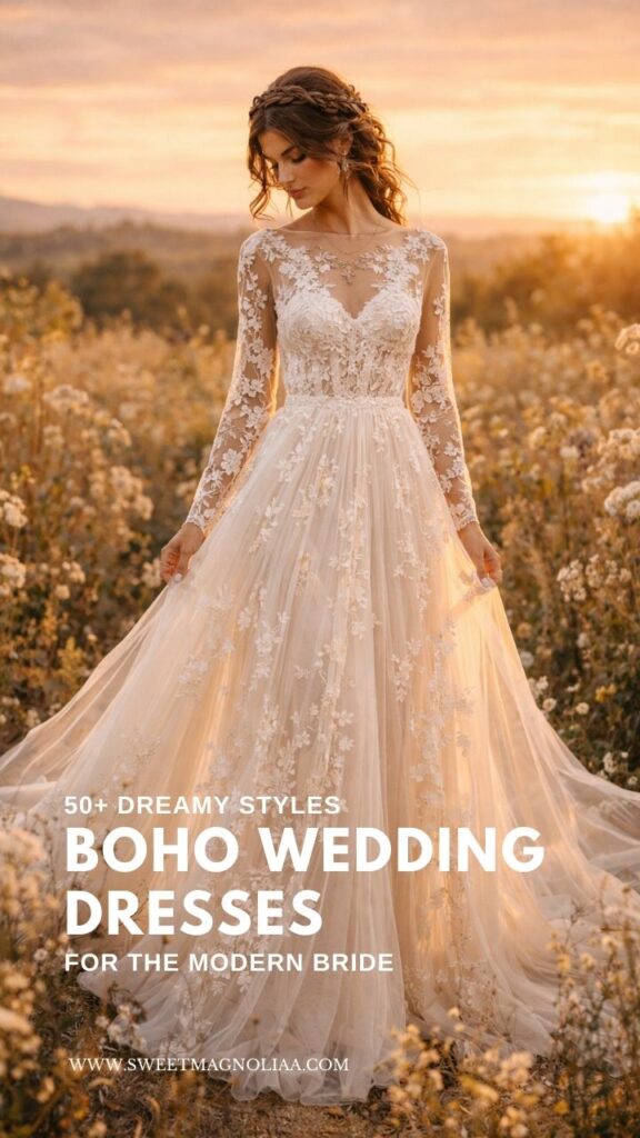 Bride wearing a long sleeve lace boho wedding dress with flowing tulle skirt standing in a wildflower field at sunset.