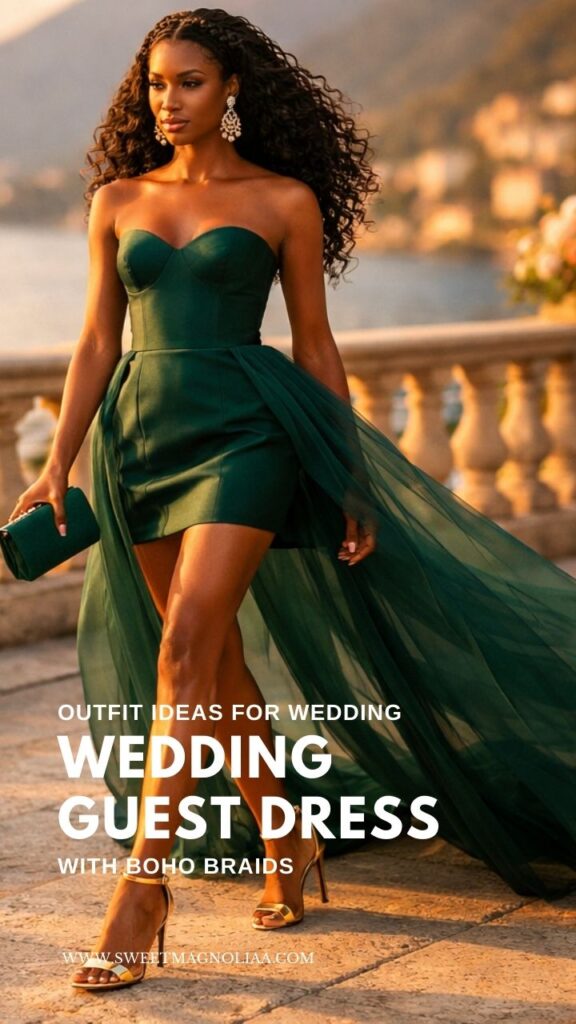 Emerald strapless wedding guest dress with a flowing tulle overlay styled with soft boho accent braids and natural curls—perfect for destination and sunset wedding celebrations.
