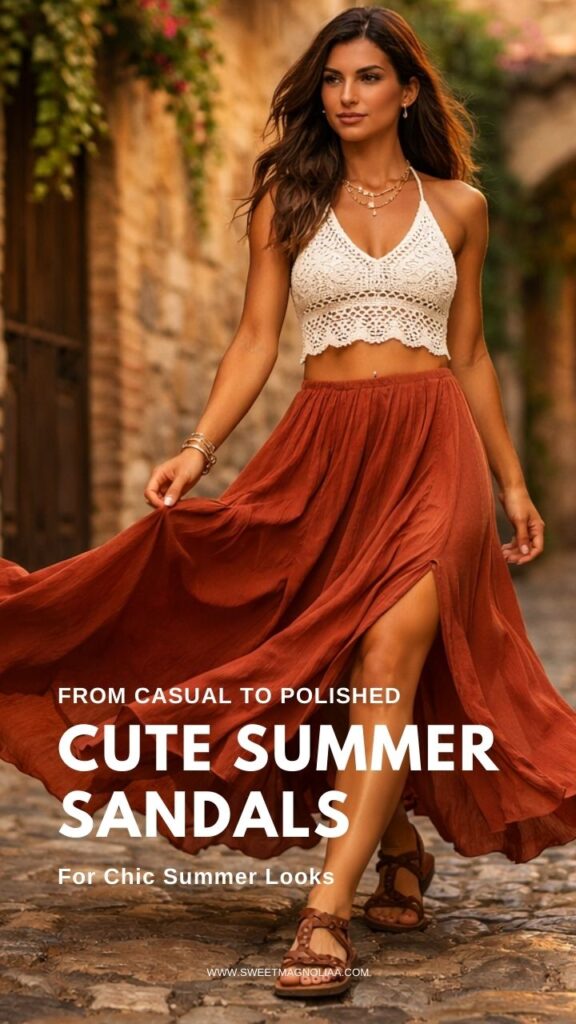 Woman wearing a white crochet crop top and flowing rust maxi skirt walking on a cobblestone street with brown summer sandals, styled for boho chic summer fashion.