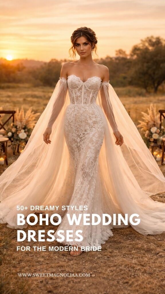Bride wearing a corset lace boho wedding dress with off-shoulder tulle sleeves and flowing sheer cape standing in a sunset outdoor wedding ceremony setting.