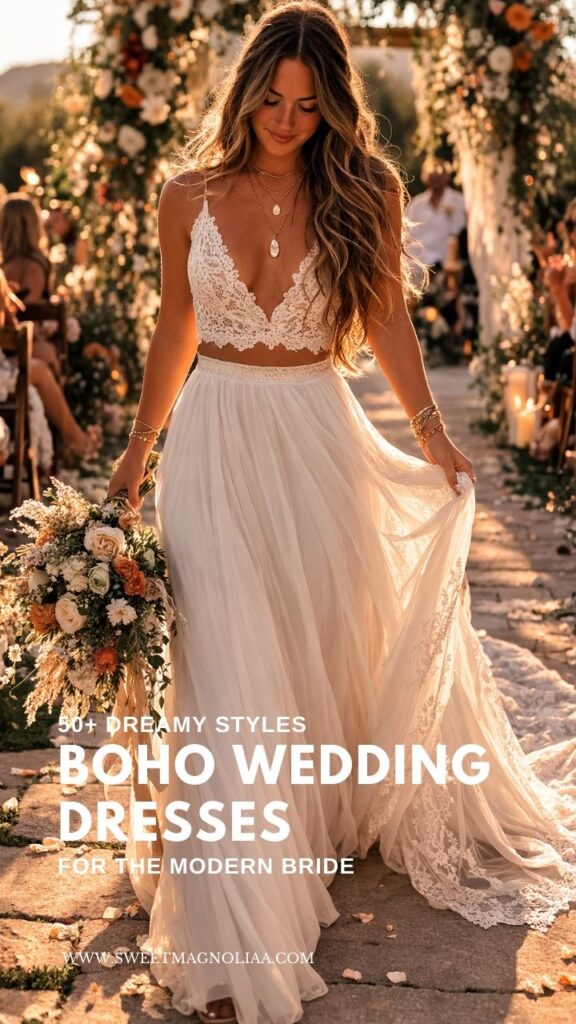 Bride wearing a two-piece boho wedding dress with lace crop top and flowing chiffon skirt walking down a romantic outdoor wedding aisle at sunset.