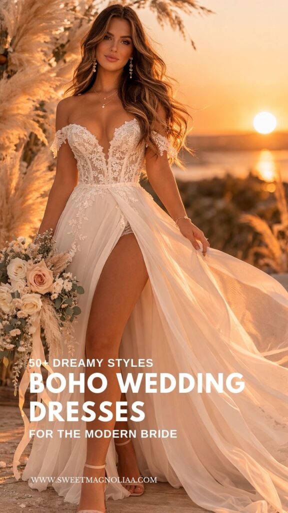 Bride wearing an off-shoulder lace boho wedding dress with a flowing high-slit skirt holding a bouquet during a golden sunset beach wedding ceremony.