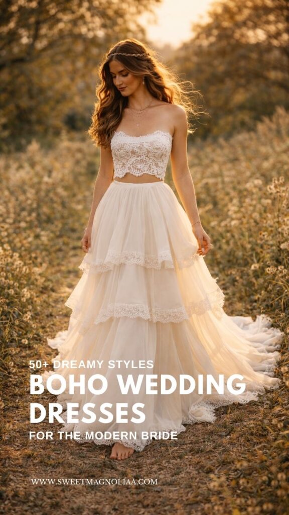 Bride wearing a two-piece boho wedding dress with lace crop top and tiered flowing skirt standing in a golden meadow at sunset.