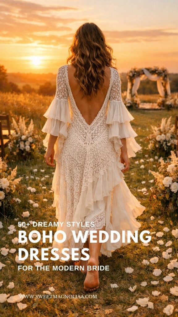 Bride wearing a backless lace boho wedding dress with layered ruffle sleeves walking through a flower-lined outdoor wedding aisle at sunset.