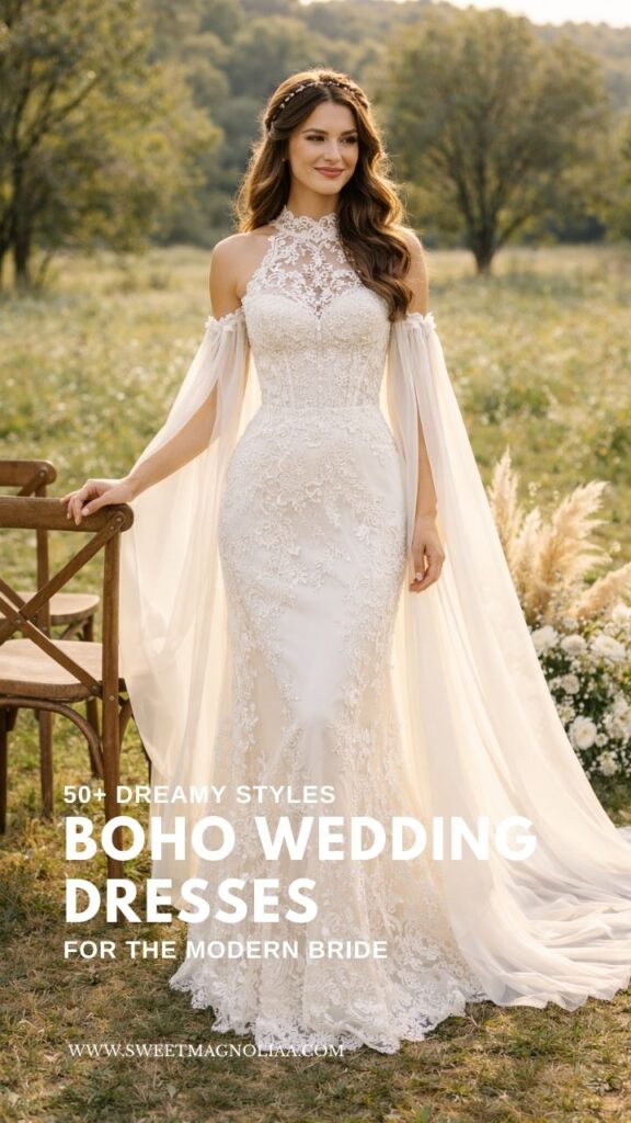 Bride wearing a high neck lace boho wedding dress with flowing cape sleeves standing in a romantic outdoor countryside wedding setting.