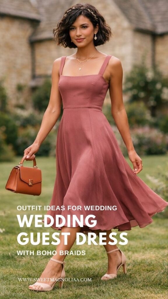 Dusty rose wedding guest dress styled with a braided headband and soft waves—perfect for garden weddings, countryside venues, and elegant daytime celebrations.