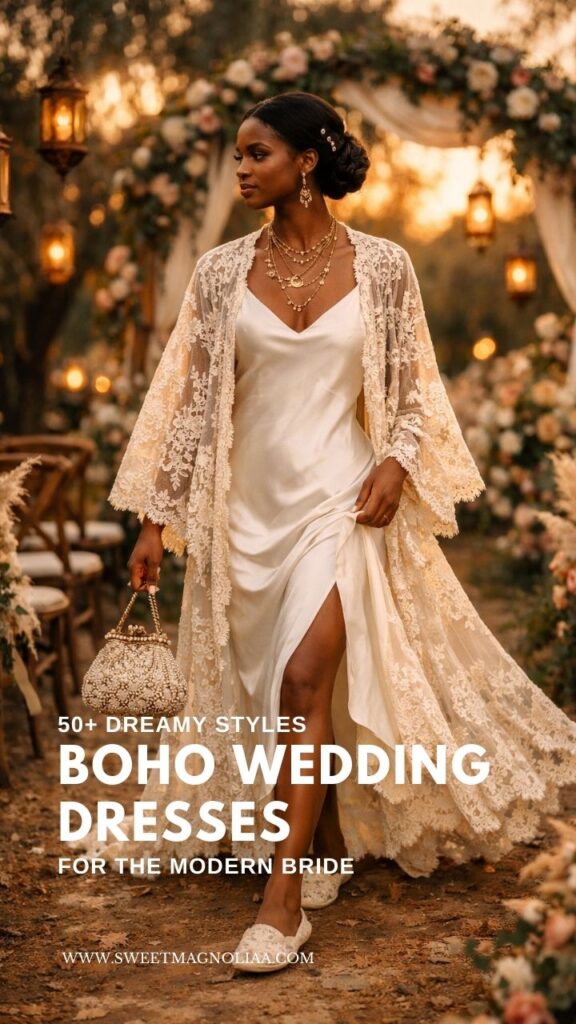 Bride wearing a silk slip boho wedding dress with a flowing lace kimono and high slit walking through a candlelit outdoor wedding aisle.