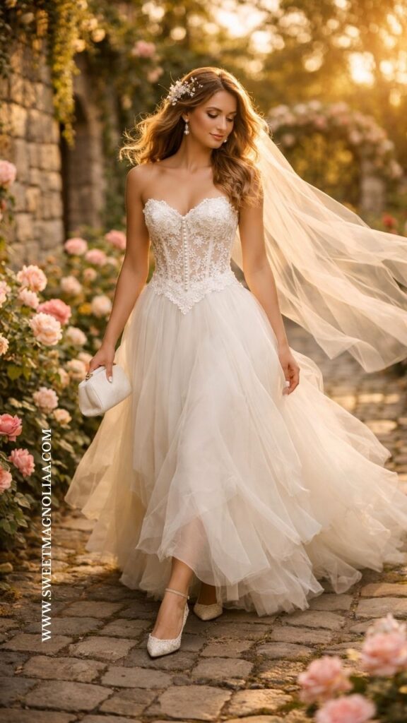 Bride wearing a lace basque waist wedding dress with corset bodice and layered tulle skirt walking through a flower garden path at sunset.