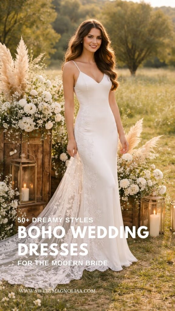 Bride wearing a minimalist boho slip wedding dress with spaghetti straps and lace train standing in a rustic outdoor countryside wedding setting.