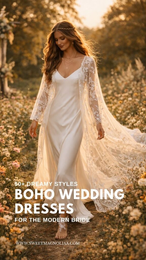 Bride wearing a satin boho slip wedding dress with a flowing lace cape walking through a wildflower meadow at sunset.