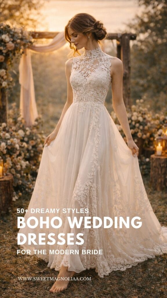 Bride wearing a high neck lace boho wedding dress with flowing skirt standing in a romantic outdoor ceremony setting at sunset.