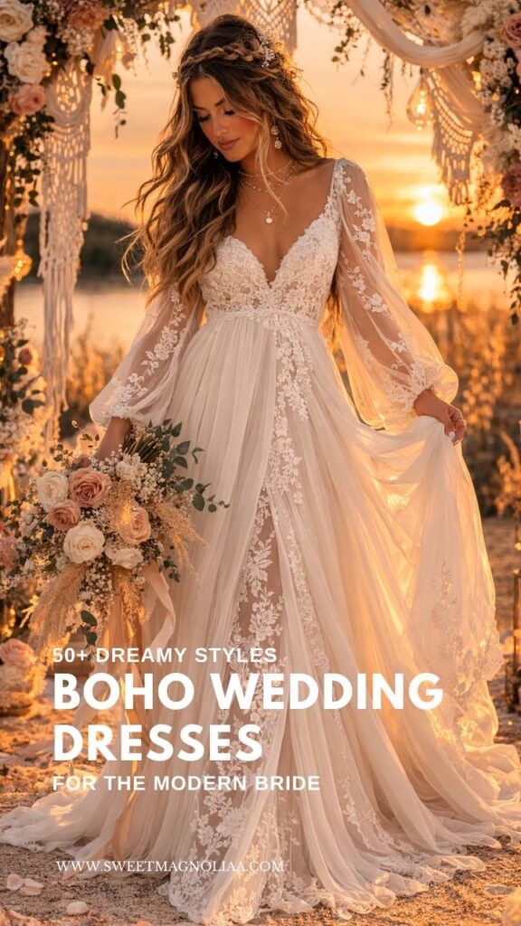 Bride wearing a lace boho wedding dress with sheer sleeves and flowing skirt standing under a macramé floral arch by the water at sunset.
