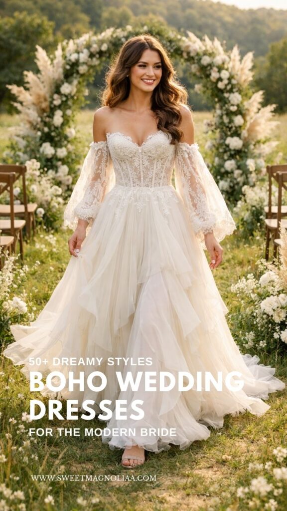 Bride wearing an off-shoulder lace boho wedding dress with flowing skirt standing in a floral outdoor wedding aisle with a romantic arch in the background.