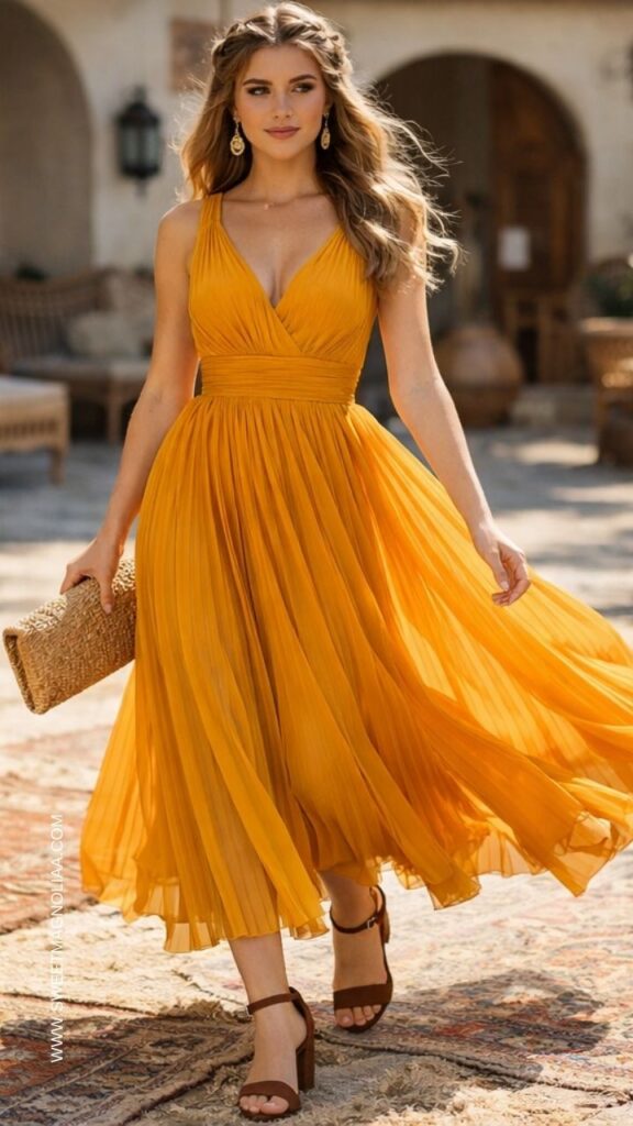 Golden mustard pleated wedding guest dress styled with crown boho braids and soft waves—perfect for garden weddings, destination ceremonies, and elegant outdoor celebrations.