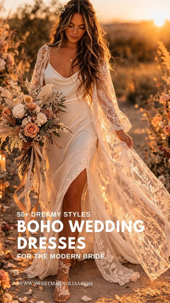 Bride wearing a satin boho slip wedding dress with flowing lace kimono and thigh slit walking through a sunset meadow holding a bouquet.