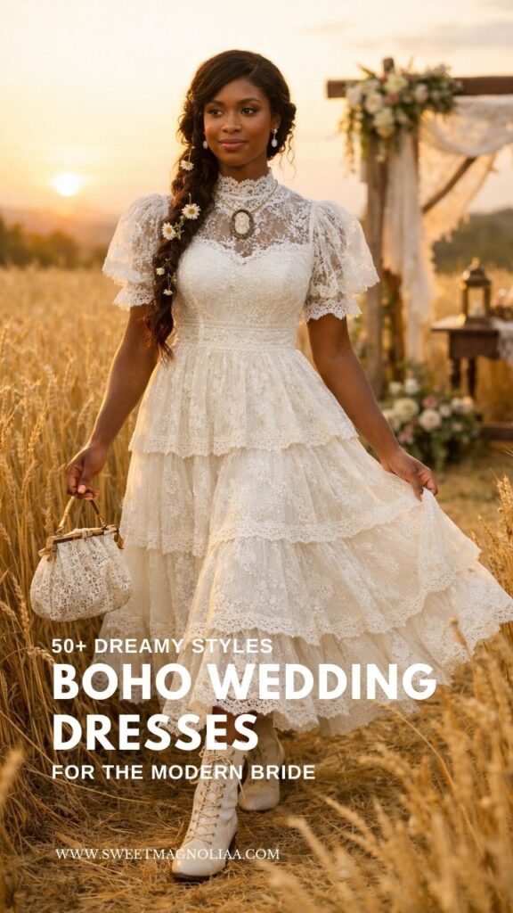 Bride wearing a high-neck lace boho wedding dress with puff sleeves and tiered lace skirt standing in a golden wheat field at sunset.