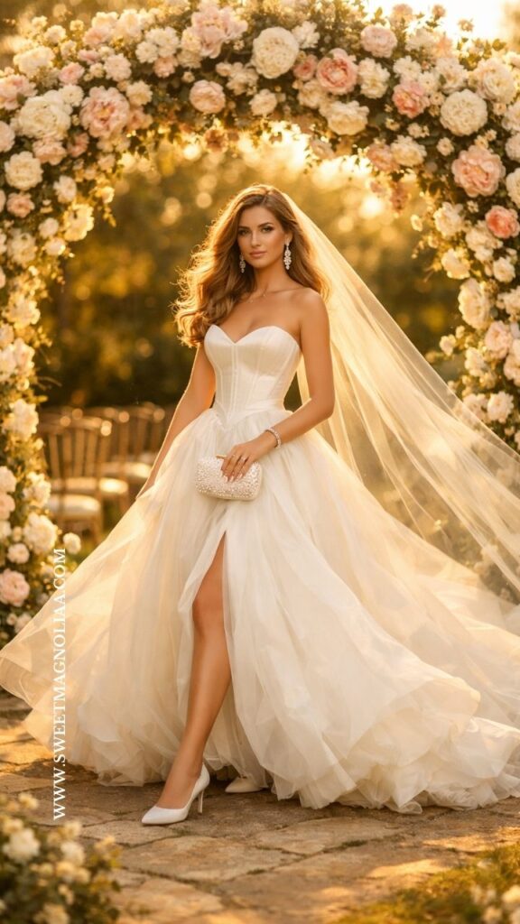 Bride wearing a tulle basque waist wedding dress with corset bodice and flowing layered skirt standing under a floral arch at a romantic garden wedding.