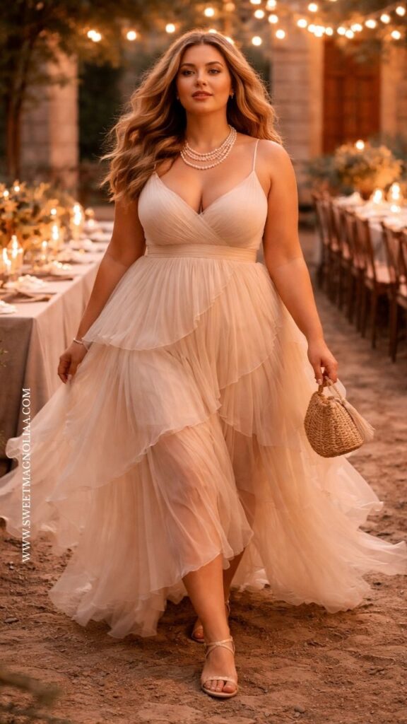 Plus-size bride in a boho layered tulle wedding dress with thin straps and flowing skirt, walking through a candlelit outdoor setting with warm light.